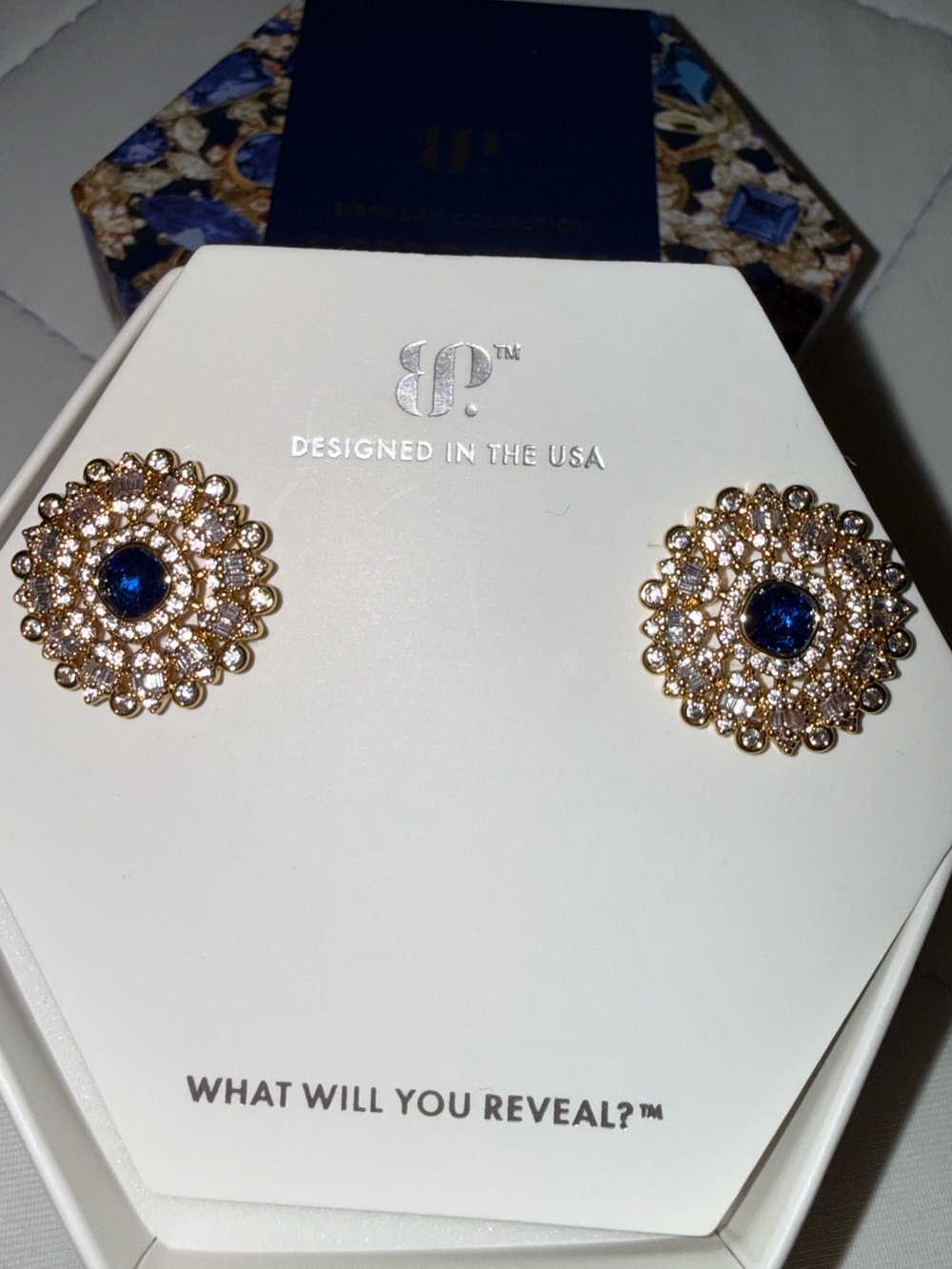 Bomb Party “What The Moon Gave” September Birthday Gold Sapphire Stud Earrings